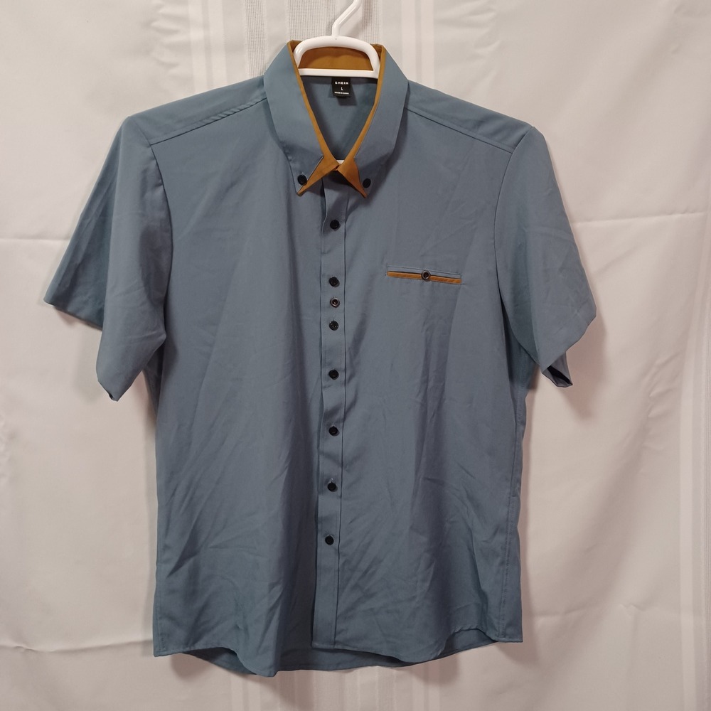 SHEIN Button Down Shirt Mens L Blue Two Tone Faux Pocket Short Sleeve Casual